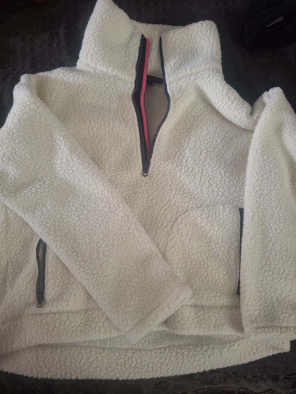 J. Crew Cream Sherpa Half-Zip Pullover with Pink Trim